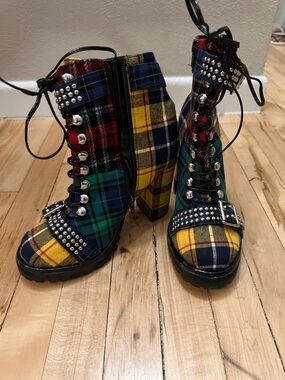 Jeffrey Campbell Plaid Studded Lace-Up Block Heel Boots - Yellow/Green/Blue